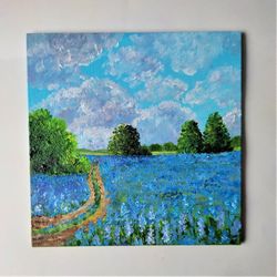 Landscape original painting, Field of flowers impasto painting, Floral wall decor, Blue artwork