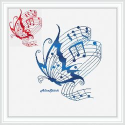 Cross stitch pattern Music Butterfly silhouette notes staff treble clef blue red counted crossstitch patterns PDF