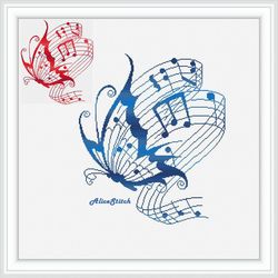cross stitch pattern music butterfly silhouette notes staff treble clef blue red counted crossstitch patterns pdf