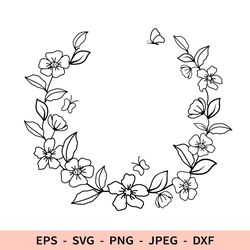 Floral Wreath Svg Flowers Butterfly File for Cricut dxf for laser cut