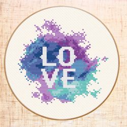 Love cross stitch pattern PDF Watercolor xstitch Modern embroidery pattern Counted cross stitch chart Valentine's day