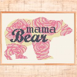 Mama bear cross stitch pattern Modern cross stitch Floral nursery cross stitch Mom gift embroidery PDF Woodland animal