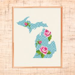 michigan cross stitch pattern modern cross stitch floral map cross stitch flower state cross stitch usa instant download