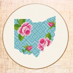 Modern cross stitch pattern PDF Geometric cross stitch Floral map cross stitch State Ohio embroidery
