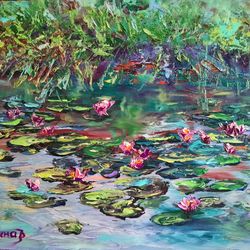 Water Lilies Pond Original Impasto Art Oil Painting Beach Artist Svinar Oksana