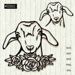 Goat with flowers SVG, Floral goats face svg, Farm animals clipart, Shirt design, Laser Vinyl Cameo Cricut Silhouette
