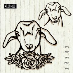 goat with flowers svg, floral goats face svg, farm animals clipart, shirt design, laser vinyl cameo cricut silhouette