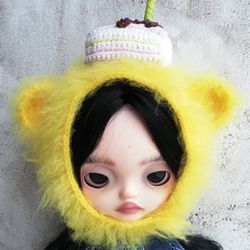 Blythe hat crochet yellow Bear with cake for custom blythe monster halloween outfit doll fashion clothes blythe