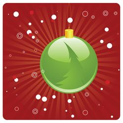 Illustration of green Christmas ball on abstract red background with rays