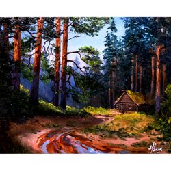 Forest painting Barn in the forest Original art Painting on cardboard 8x10 inches Wall art Barn painting