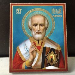 Saint Nicholas the Wonderworker | Icon Mini Size Gold Foiled Mounted on Wood | Size: 2,5" x 3,5"