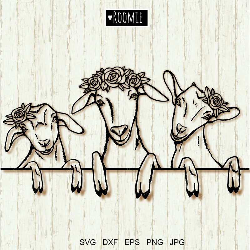 goats with flowers black and white clipart.jpg