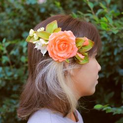 Flower hair comb with coral handmade rose. Bridal floral headpiece. Floral hair accessories for bridal. Rustic hair comb