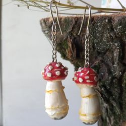 Mushroom earrings fly agaric from polymer clay. Long earrings on hooks. A gift for her.