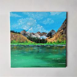 Mountain landscape painting, Mountain lake original painting art wall decor, Nature painting artwork