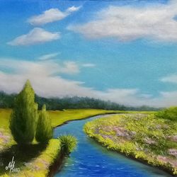 River painting Summer landscape with a river Original landscape art 11x11inches Wall art Summer painting