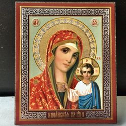 The Mother of God of Kazan | Mini Icon Gold and Silver Foiled Mounted on Wood  | Size: 3 1/2" x 2 1/2"