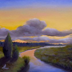 River painting Summer landscape sunset with river Original oil painting 11x11in. Wall art