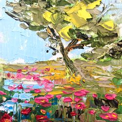 Bright Landscape Oil Painting Trees Painting Original Art Wildflowers Impasto Art Oil Painting 7 by 5 by SerjBond