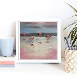pink flamingos original oil painting hand painted wall art 6x6 inches