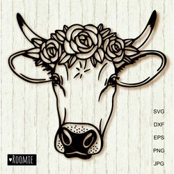 Cow SVG with flowers Cricut, Heifer face svg, Farm animal Calf bull clipart Farmhouse Shirt design Laser cut Vinyl Decal