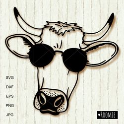 Cow With Sunglasses Svg, Bull SVG, Farm Animals, Cricut Heifer Face, Farmhouse Shirt Design Laser Cut File Vinyl Decal