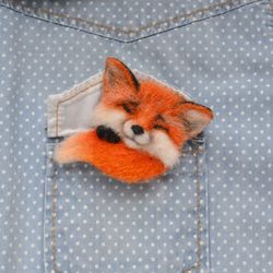 Cute sleeping fox animal brooch for women Needle felted wool replica pin for girl Fox lover gift jewelry