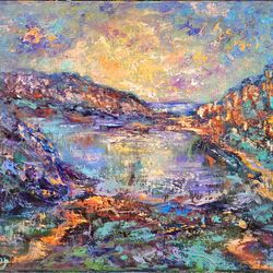 Sunset Mountains Rocks Art Original Oil Painting Impasto on Canvas Artist Svinar Oksana