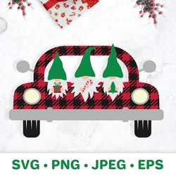 christmas retro truck with gnomes svg buffalo plaid pickup