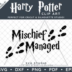 Harry Potter Clip Art Design SVG DXF PNG PDF - Mischief Managed Typographic Minimal Simple Quote Design & FREE Font!