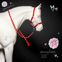 LSQ Breyer model horse Tack, custom handmade toy accessory, bicolor Red  Pearl Pink Halter & Lead Rope set, MariePHorses