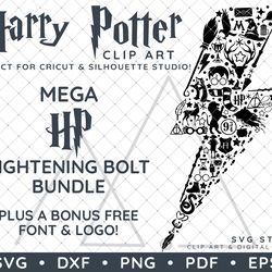 Harry Potter Clip Art Design SVG DXF PNG PDF - Big Lightening Bolt Shaped Bundle & FREE Font!