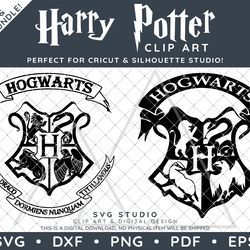 Harry Potter Clip Art Design SVG DXF PNG PDF - Hogwarts Sigil Crest Logo Simple and Detailed Bundle & FREE Font!