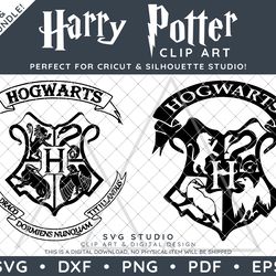 harry potter clip art design svg dxf png pdf - hogwarts sigil crest logo simple and detailed bundle & free font!