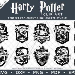 Harry Potter Clip Art Design SVG DXF PNG PDF - Hogwarts House Crest Gryffindor Slytherin Ravenclaw Hufflepuff Bundle