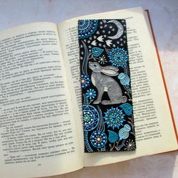 Painted leather bookmark, Personalized bookmark, Aesthetic bookmark, Bunny bookmark, Hare, Forest, Gifts for book lovers