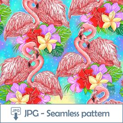 Pink Flamingo Seamless pattern 1 JPG file Tropical flowers Digital Paper Rainbow Background Hibiscus Digital Download