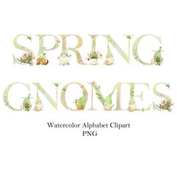 Spring gnomes, watercolor alphabet.