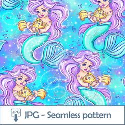 Little Mermaid and Goldfish Seamless pattern 1 JPG file Baby Princess Digital Paper Rainbow Background Digital Download
