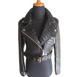 Black Cropped Jacket Womens Genuine Python Snakeskin Leather M Size