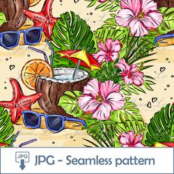Coconut Beach Cocktail Seamless pattern 1 JPG file Tropical flowers Digital Paper Vacation Summer Background Download