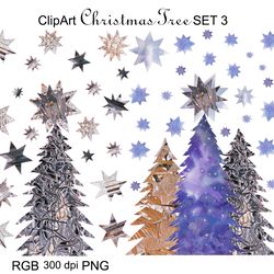 Clipart SET 3 Collage Illustrations Gold Purple Silver Christmas Tree Transparent Endless Background