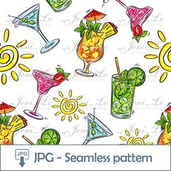 Beach Cocktail Seamless Pattern 1 JPG file Beach Party Digital Paper Vacation Mojito Margarita Background Download