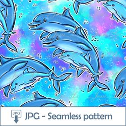Rainbow Dolphins Seamless pattern 1 JPG file Sea Digital Paper Rainbow Background Fish Blue Purple Digital Download
