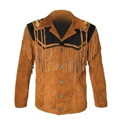 Western Native Indian American Cowboy Fringed Brown Suede Short Jacket