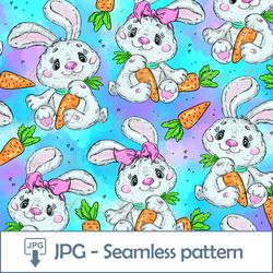 Cute Bunny Seamless pattern 1 JPG file Easter Baby rabbit Digital Paper Rainbow Background Little Hare Digital Download