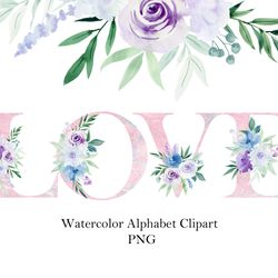 Watercolor Alphabet with Bright Flowers.