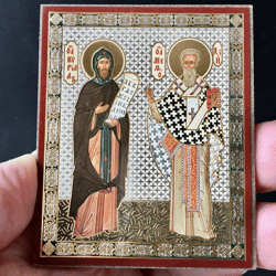 Saints Cyril & Methodius | Silver and Gold Foiled Mounted on Wood | Size: 2,5" x 3,5"