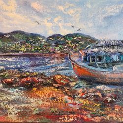 Original Art Oil Painting Rocks Seagull Fishing Boat Ship Sea Artist Svinar Oksana