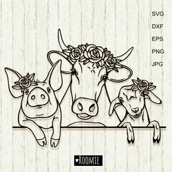 Farm Animals With Flowers Svg Cricut, Cow Pig Goat Svg, Farmhouse Sign, Shirt Design, Cut File Cameo Silhouette Vinyl